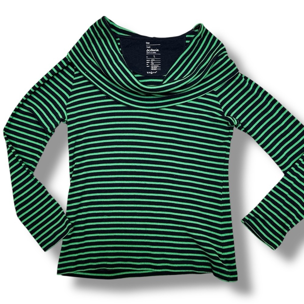 Gap The Octavia Waffle Cowl Neck Striped Shirt Large Green Blue EUC